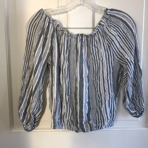 off the shoulder grey and white striped shirt